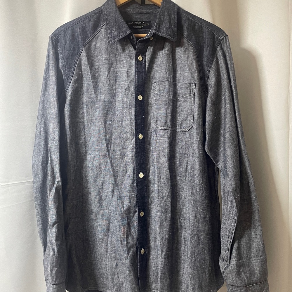 All Saints Men's Gray Denim/Linen button down Shirt